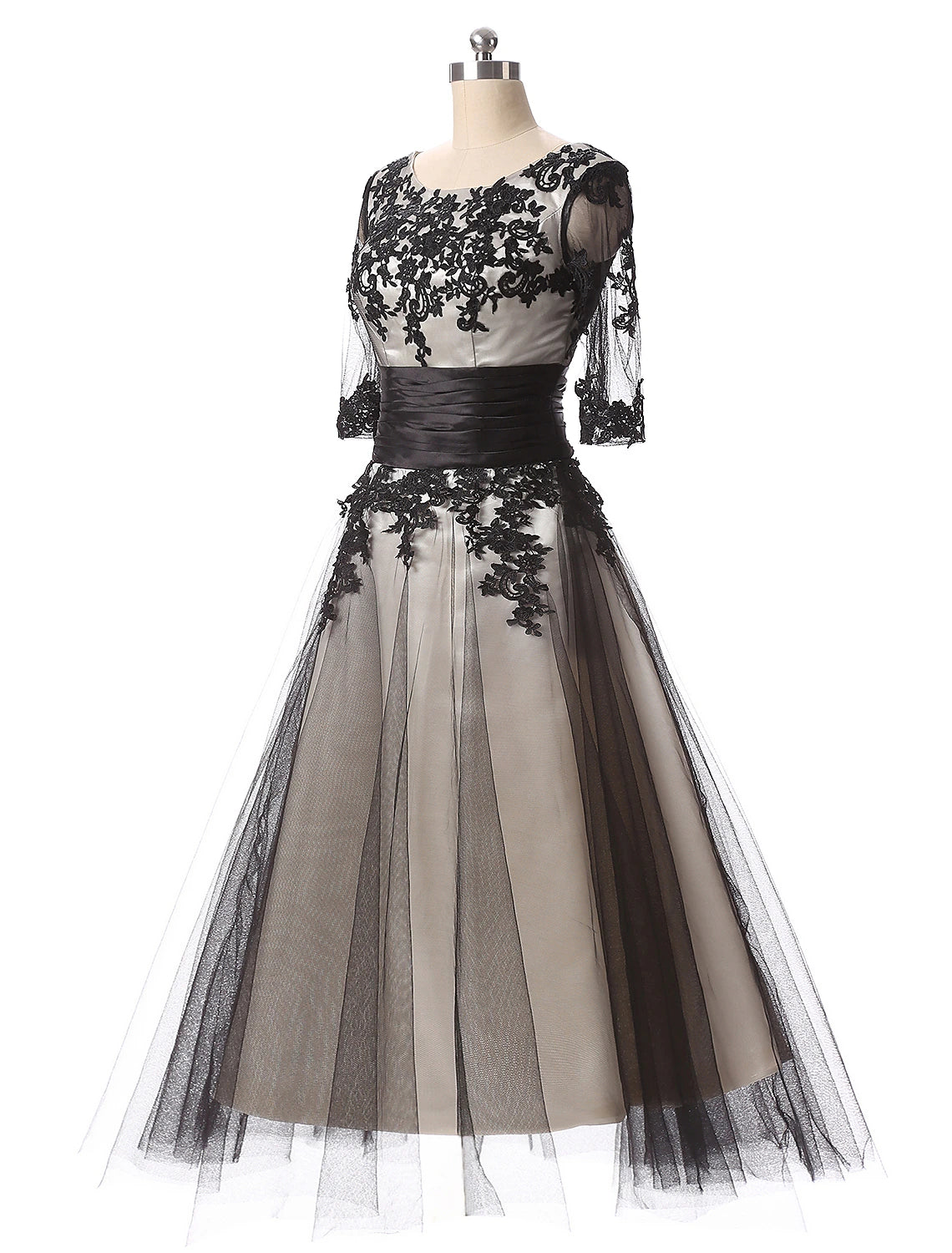 Ballkleid, Abendkleid, Farbblockkleid, formeller Abend, knöchellang, halbe Ärmel, Schmuckhals, Herbst, Hochzeitsgast, Spitze mit Spitzeneinsatz-Applikationen